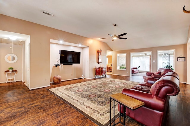 living room with lofted ceiling, dark hardwood / wood-style floors, and ceiling fan