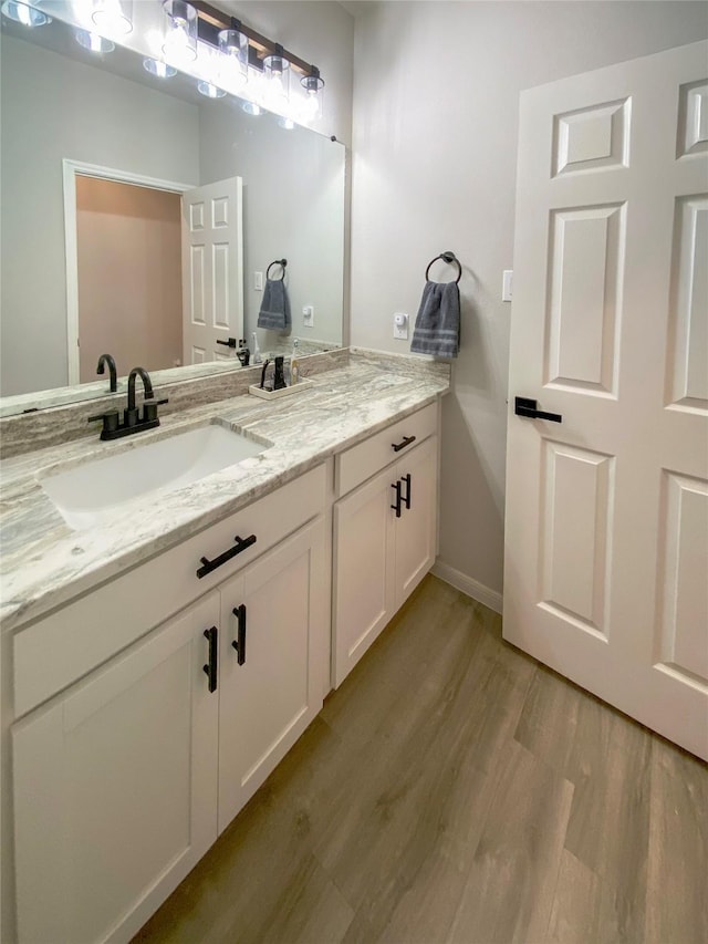 bathroom with a sink, baseboards, wood finished floors, and double vanity