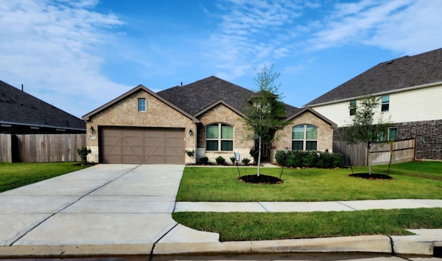 french country style house featuring brick siding, fence, a front yard, a garage, and driveway