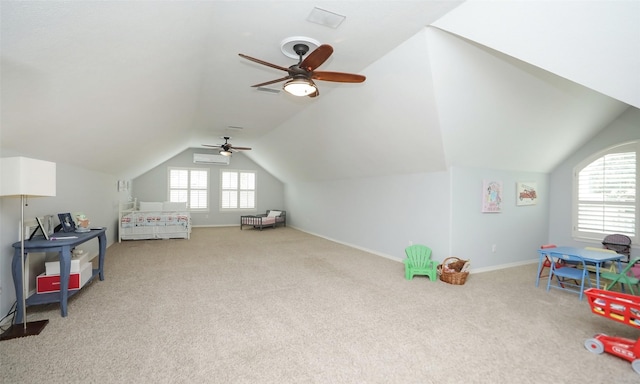 recreation room featuring lofted ceiling, carpet floors, and ceiling fan