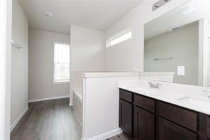 bathroom with hardwood / wood-style flooring, vanity, a wealth of natural light, and a tub to relax in