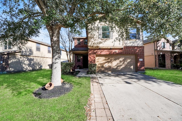 front facade featuring a garage and a front lawn