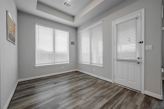 entryway with dark wood-type flooring and a tray ceiling