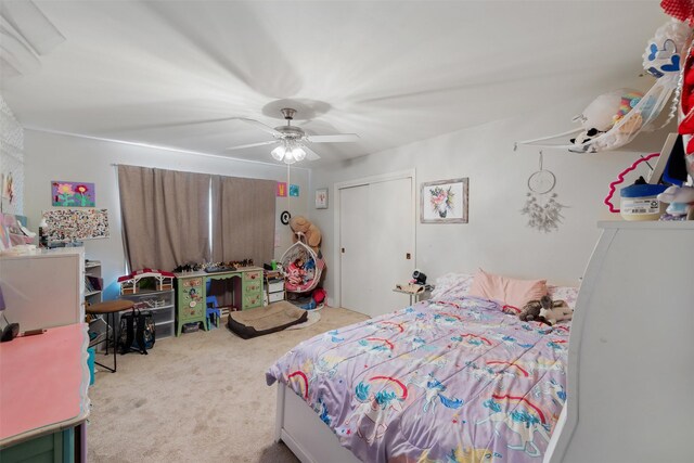 carpeted bedroom with ceiling fan