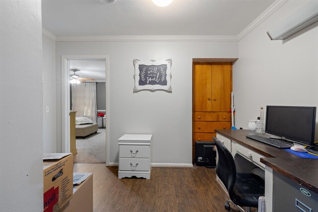 office area featuring crown molding and dark hardwood / wood-style floors