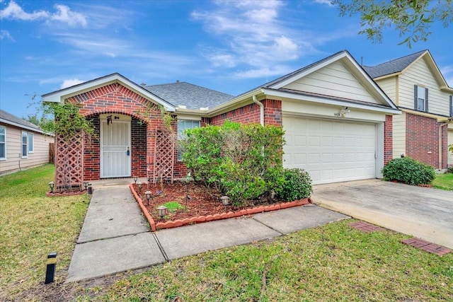 ranch-style house with a garage and a front lawn