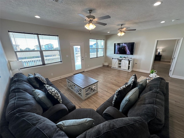 living room with hardwood / wood-style floors and a textured ceiling