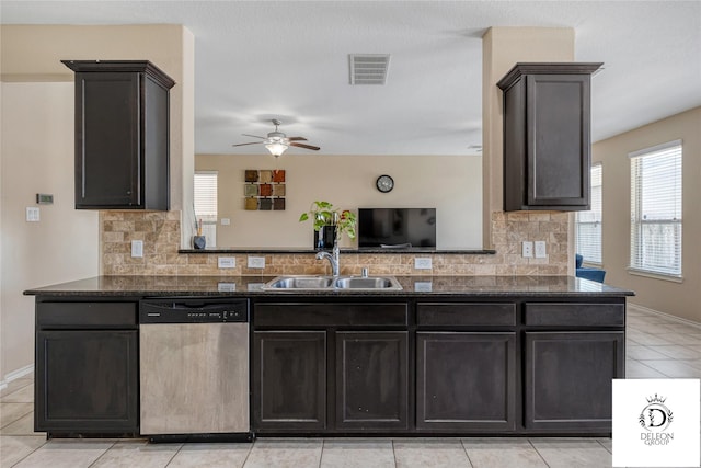 kitchen with tasteful backsplash, sink, stainless steel dishwasher, and kitchen peninsula