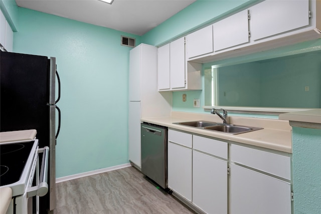 kitchen featuring electric stove, sink, light hardwood / wood-style flooring, dishwasher, and white cabinetry