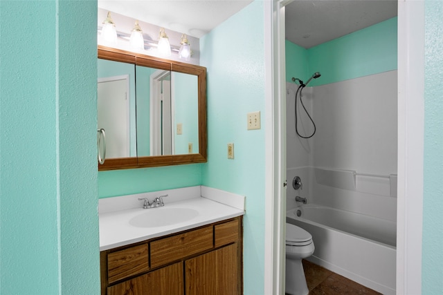 full bathroom with vanity, bathtub / shower combination, and toilet