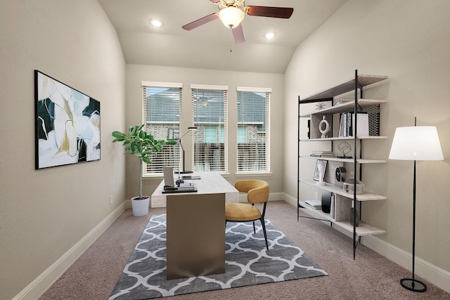 office with ceiling fan, lofted ceiling, and carpet floors