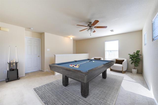 game room featuring ceiling fan, light colored carpet, and billiards