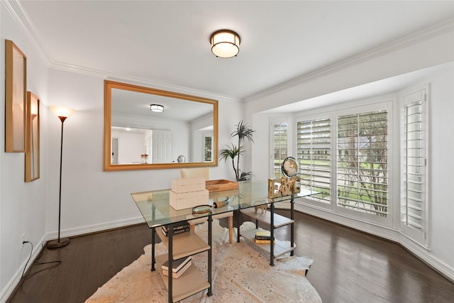 office area featuring ornamental molding and dark hardwood / wood-style flooring