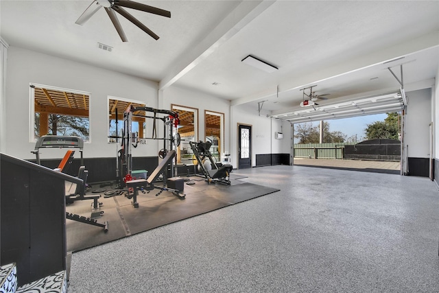 exercise area with a wealth of natural light and ceiling fan