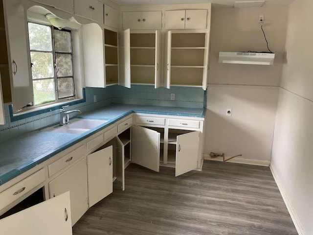 kitchen with white cabinetry, sink, and dark hardwood / wood-style flooring