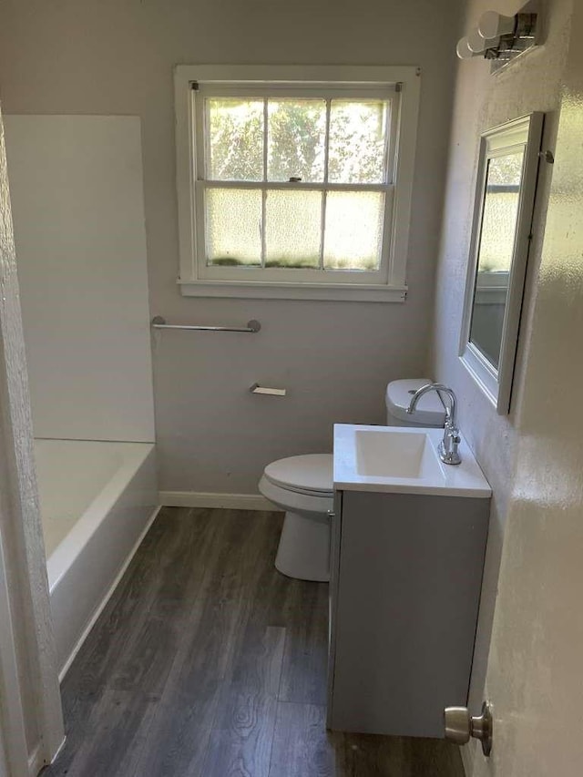 bathroom with vanity, hardwood / wood-style floors, and toilet