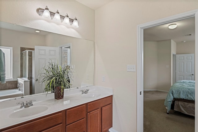 bathroom with vanity and plus walk in shower