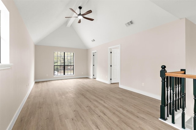 spare room featuring vaulted ceiling with beams, light hardwood / wood-style floors, and ceiling fan