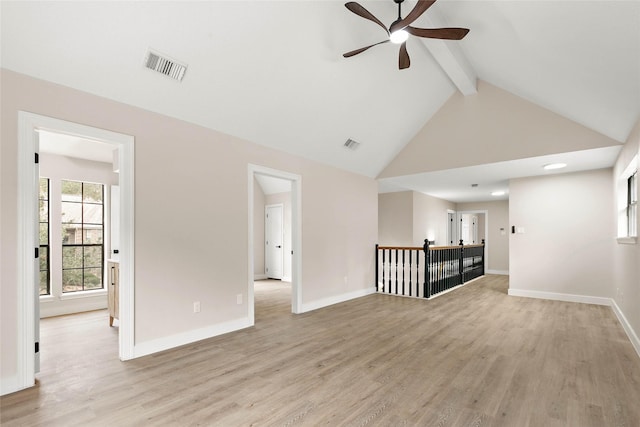 unfurnished living room featuring ceiling fan, high vaulted ceiling, beam ceiling, and light hardwood / wood-style floors