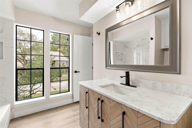 bathroom with vanity, wood-type flooring, and a healthy amount of sunlight