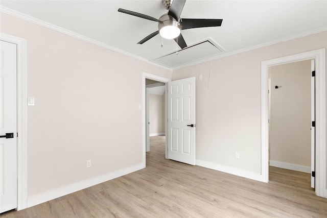 unfurnished bedroom with ornamental molding, ceiling fan, and light hardwood / wood-style flooring