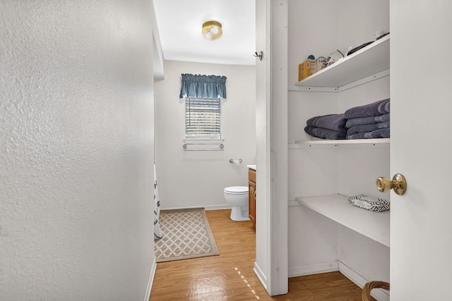 bathroom with vanity, wood-type flooring, and toilet