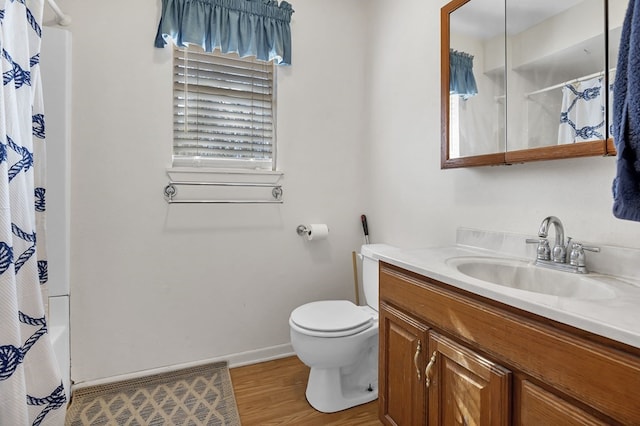 bathroom featuring vanity, wood-type flooring, and toilet