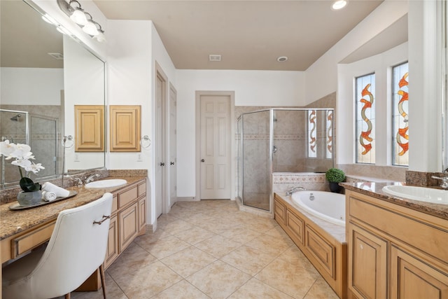 bathroom with vanity, separate shower and tub, and tile patterned floors