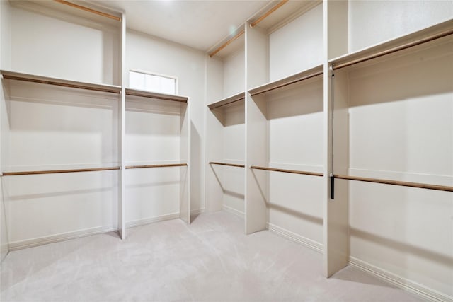 walk in closet with light carpet