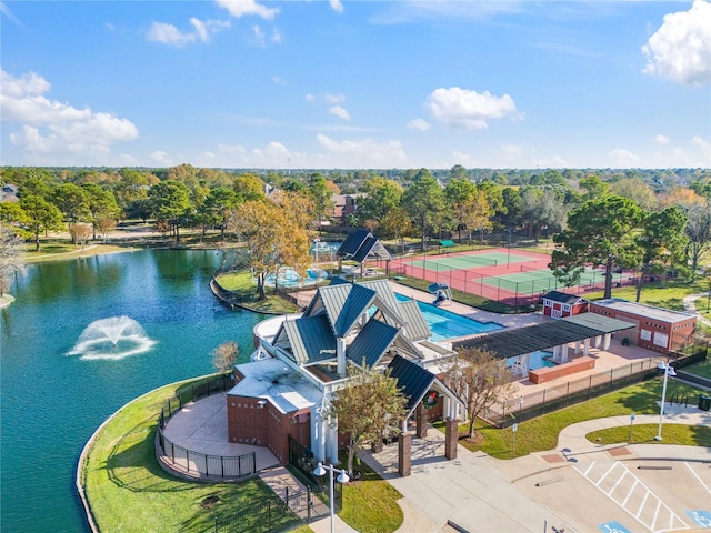 birds eye view of property featuring a water view