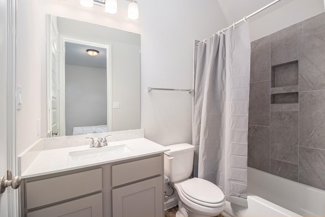 full bathroom with vanity, toilet, and shower / bathtub combination with curtain