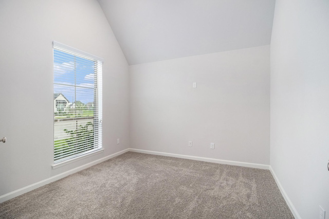 spare room featuring carpet floors and vaulted ceiling