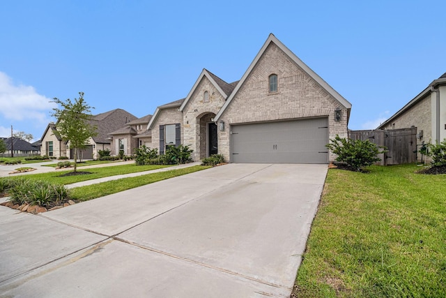 french country style house featuring a garage and a front yard