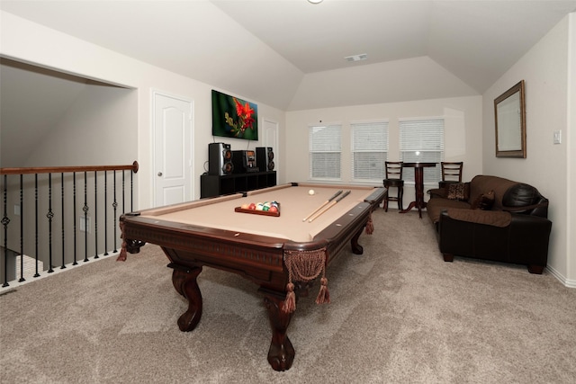 recreation room with vaulted ceiling, light carpet, and billiards