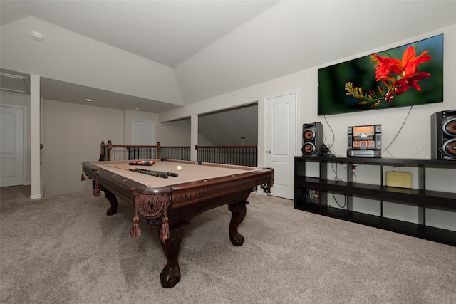 game room with lofted ceiling, pool table, and carpet