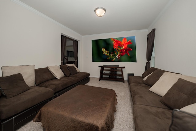 carpeted living room with ornamental molding