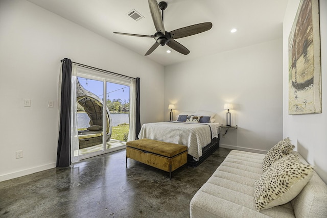 bedroom featuring access to exterior and ceiling fan