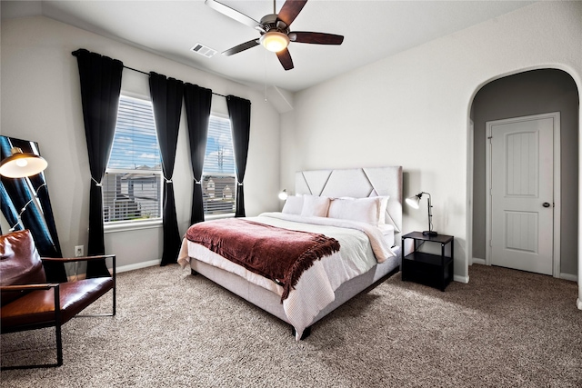 bedroom featuring ceiling fan and carpet floors