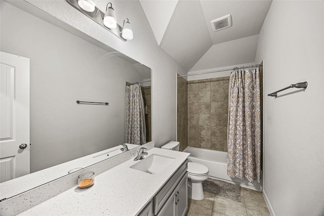 full bathroom with shower / bath combo, vanity, vaulted ceiling, tile patterned floors, and toilet