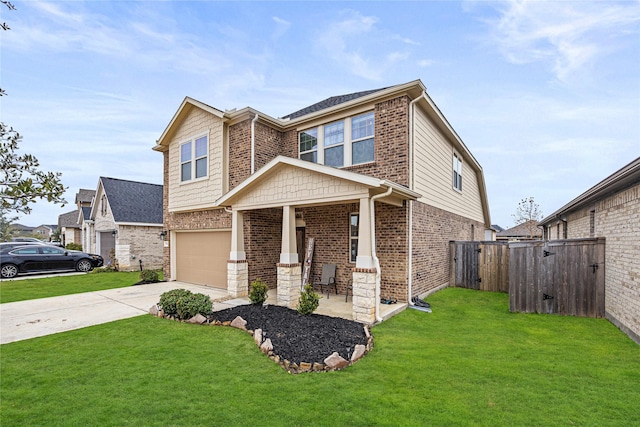 craftsman-style house with a garage, a front lawn, and a porch