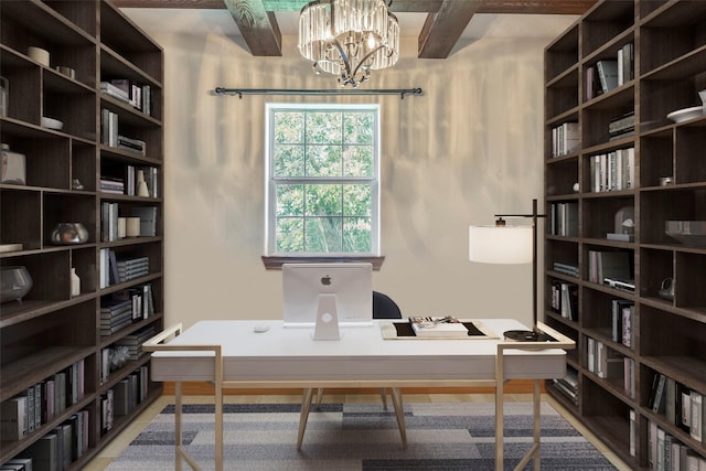 office featuring a chandelier and beam ceiling