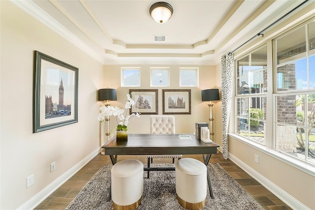 office with ornamental molding and a raised ceiling