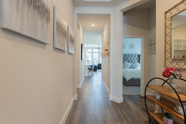 corridor with dark hardwood / wood-style flooring