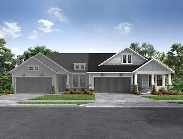 craftsman inspired home featuring a garage and a porch