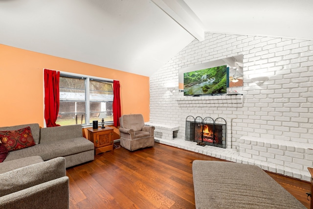 476 Fm 1010th Rd, Cleveland, TX 77327 - living room with lofted ceiling with beams, brick wall, a brick fireplace, and dark hardwood / wood-style flooring