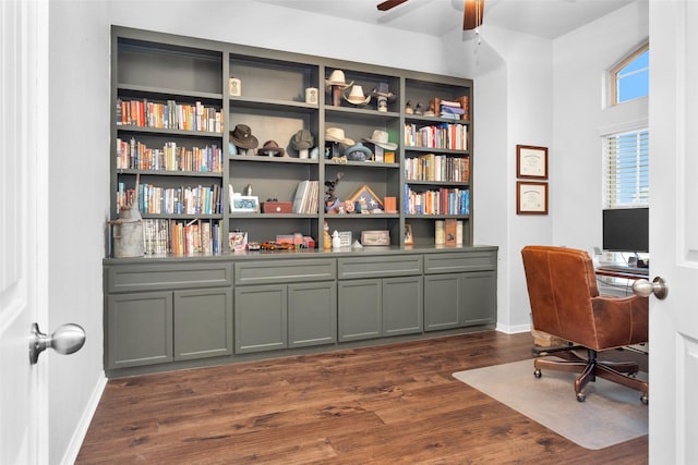 office space featuring ceiling fan and dark hardwood / wood-style floors