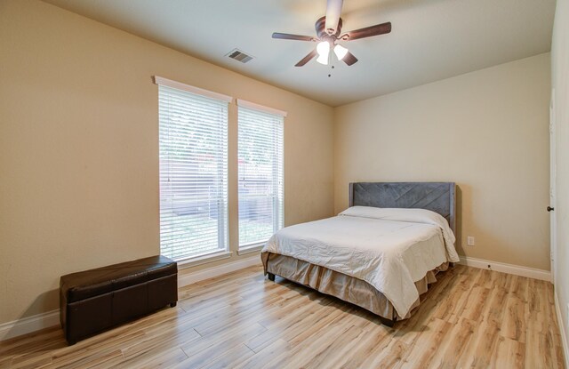 bedroom featuring ceiling fan and light hardwood / wood-style floors