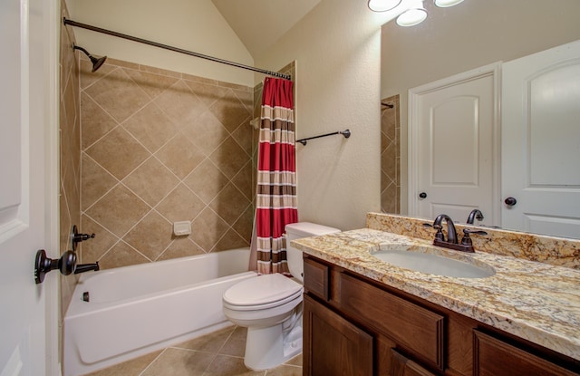 full bathroom with tile patterned flooring, vanity, shower / bath combination with curtain, vaulted ceiling, and toilet