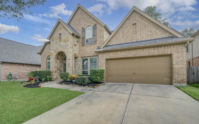 view of front of home with a garage and a front lawn