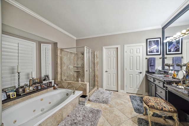 bathroom featuring vanity, tile patterned flooring, ornamental molding, and shower with separate bathtub